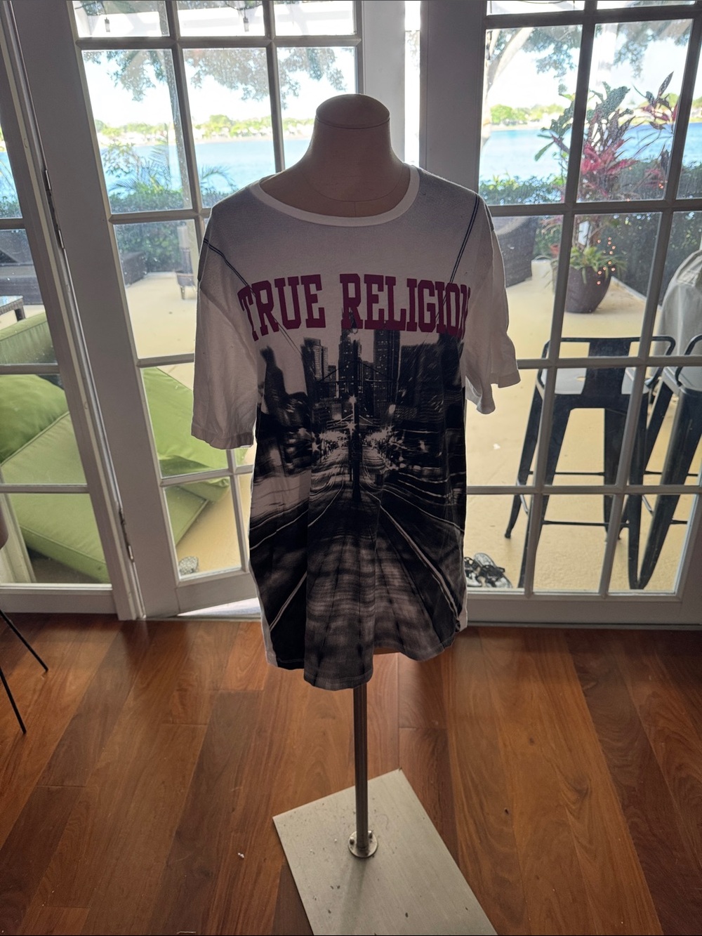 True Religion White Tee with Black Cityscape and Maroon Logo
